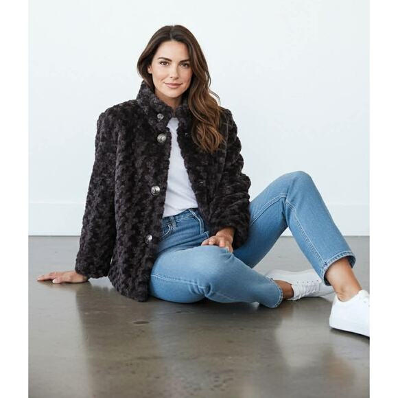 Adrienne by Adrienne Landau Black Faux Fur Jacket Size S/M Button Front, Pockets - Picture 1 of 6